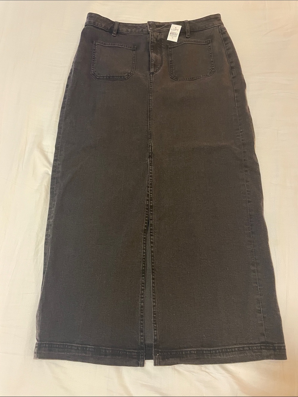 LOFT Black Midi Denim Skirt with Center Front Slit